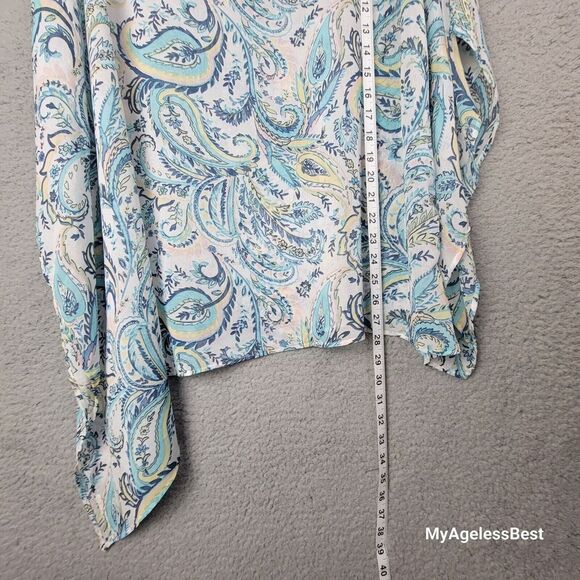 Chico's Cover-up Poncho Womens L XL Blue White Paisley Side Tie Sheer Angled - Picture 9 of 16